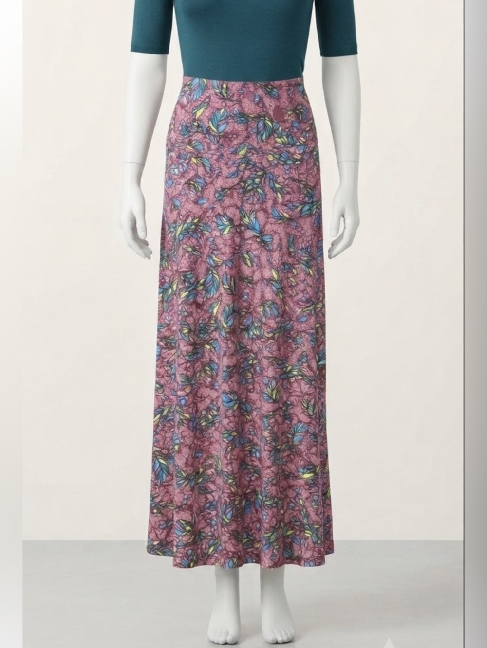 LuLaRoe Maxi Skirt - Mauve Dusty Rose with Teal & Yellow Feather Print - Size XS